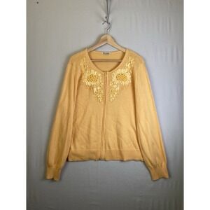 Nygard Collection Women's M /L ?Yellow Beaded Floral Zip Up Cardigan Sweater EUC